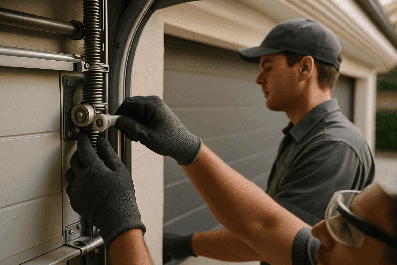 Technician in uniform adjusting modern residential garage door mechanism wearing safety gloves and goggles