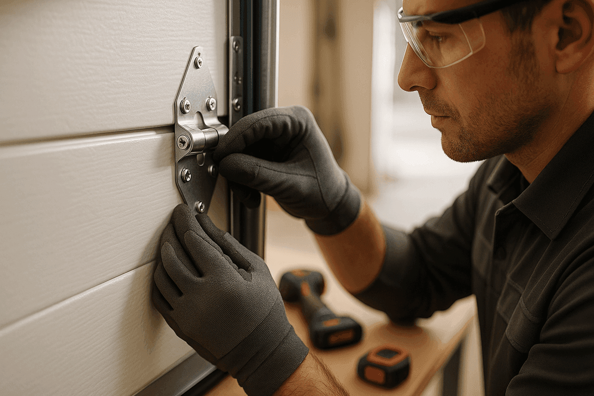 Close-up of gloved hands adjusting metal hinges on residential garage door with tools nearby